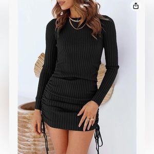 Untg Black Ribbed Velour Bodycon Crew Neck Long Sleeve Shirred Mini Dress New